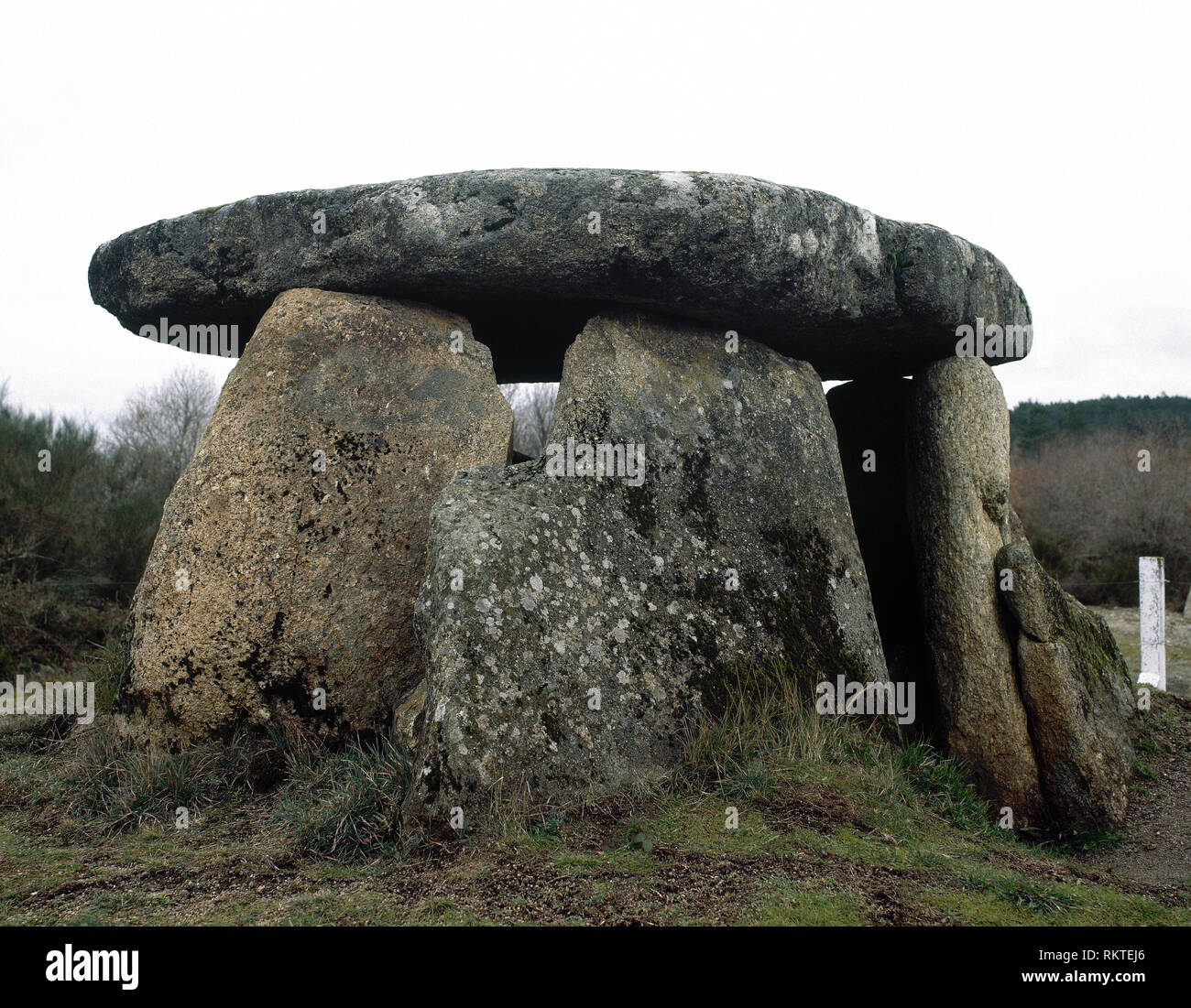 Prehistory. Metal Age. Megalithic Art. Dolmens of Maus de Salas in Muiños, province of  Ourense, Galicia, Spain. 3500-2000 BC. Funeral monument. (Monument moved from its original location by the construction of damming of Salas). Stock Photo