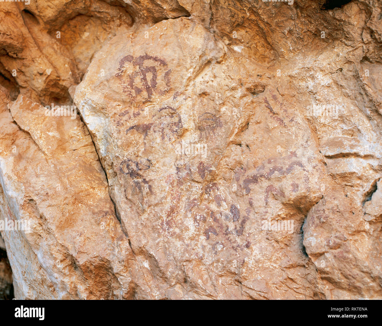 Prehistoric Art. Mesolithic. Levantine style. Schematic painting. Cave of Los Letreros. Velez Rubio, province of Almeria, Andalusia, Spain. Stock Photo