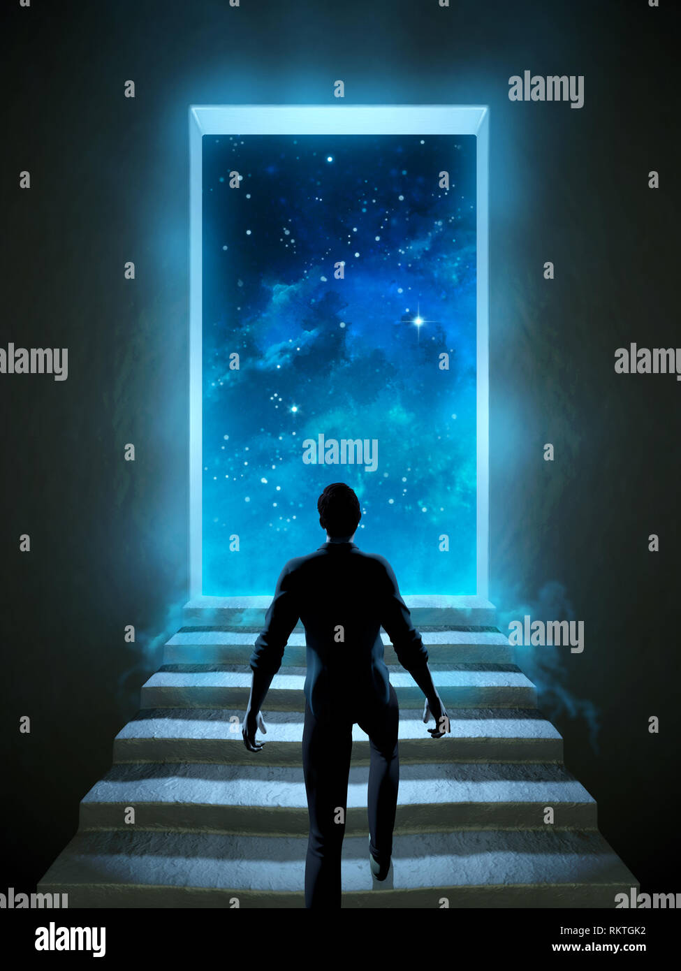 Man climbing a staircase leading to a door over the universe. Digital illustration. Stock Photo