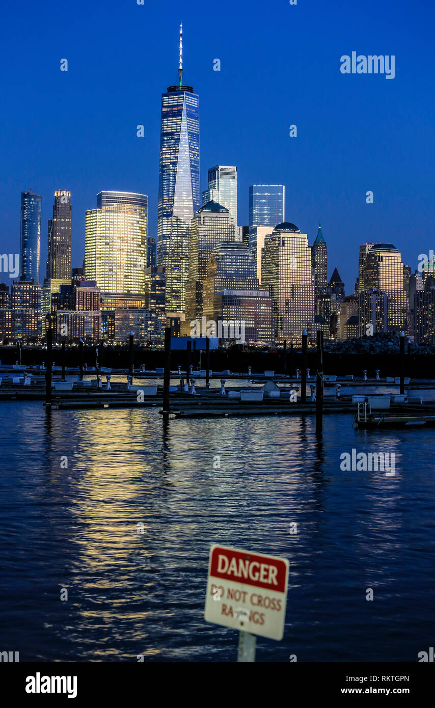 New York City, New York, United States of America - Skyline with the Freedom Tower at dusk, WTC World Trade Center, USA. New York City, New York, Vere Stock Photo