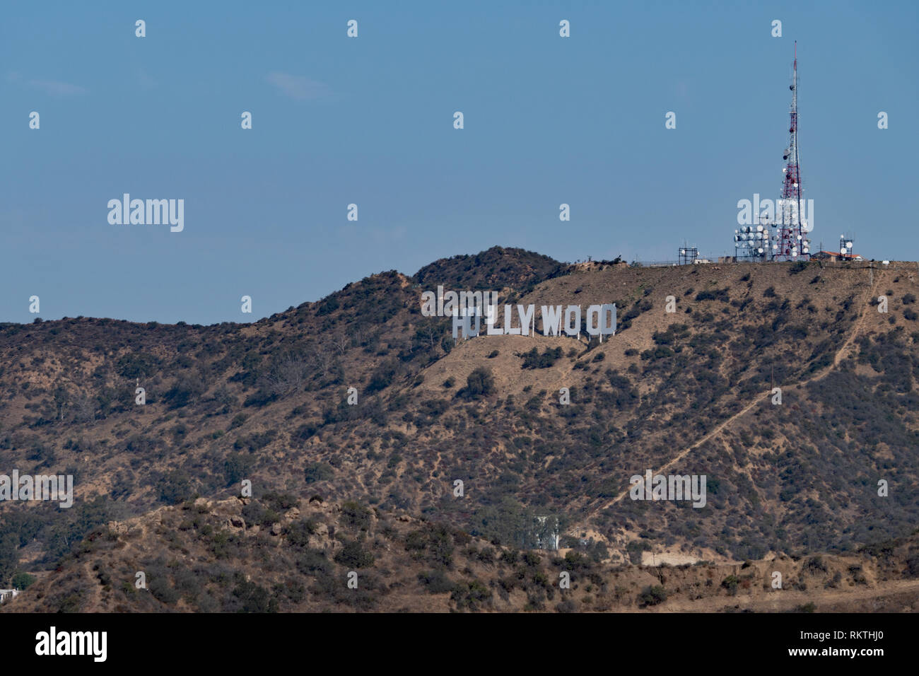 Hollywood sign, tourist spot on the hills around Los Angeles, California, United States of America. Famous view and attraction in the US with televisi Stock Photo