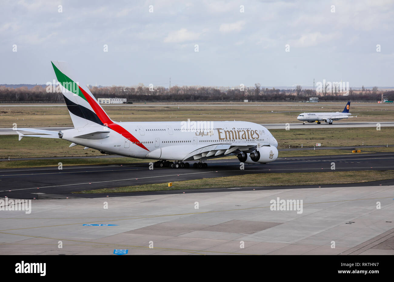 Duesseldorf North Rhine Westphalia Germany Emirates Airbus A380 800 Aircraft On Their Way To The Runway Duesseldorf International Airport Dus Du Stock Photo Alamy