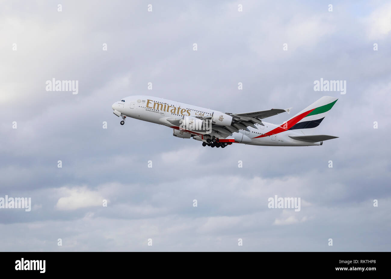 Duesseldorf, North Rhine-Westphalia, Germany - Emirates Airbus A380-800 aircraft takes off from Duesseldorf International Airport, DUS Duesseldorf, No Stock Photo