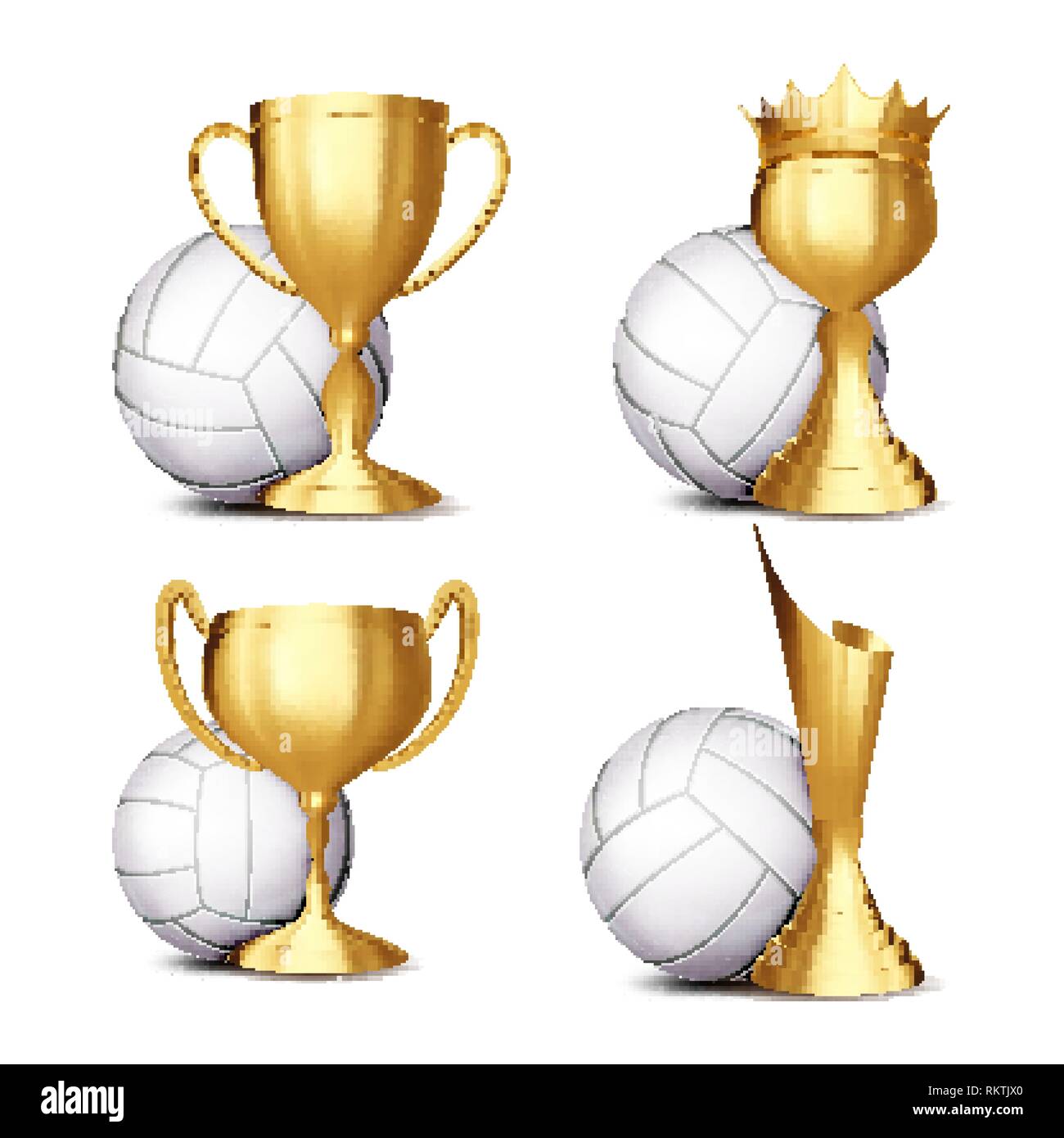 Volleyball Game Award Set Vector. Volleyball Ball, Golden Cup. Modern Volleyball Tournament. Design For Sport Promotion. Volley. Certificate, Diploma Stock Vector