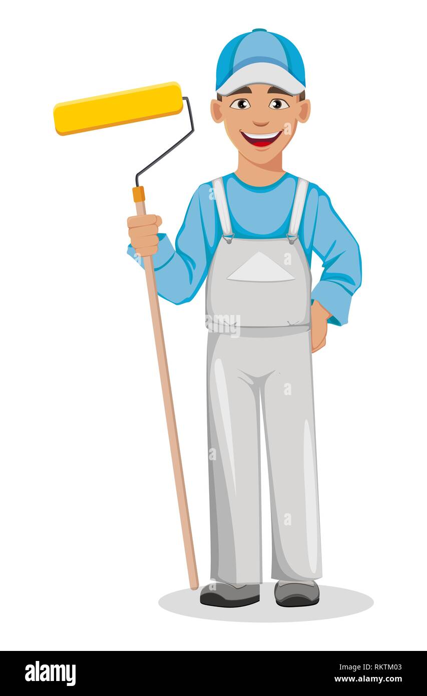 Painter man holding paint roller. Decorator cartoon character. Vector