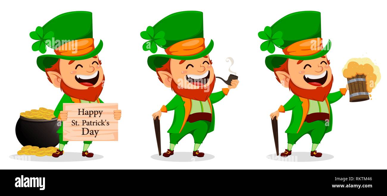 Saint Patrick day. Funny Leprechaun, set of three poses. Cute cartoon  character with wooden plate, with beer and with smoking pipe. Vector  illustratio Stock Vector Image & Art - Alamy