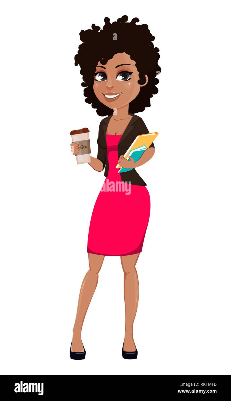 Young African American business woman in casual clothes. Attractive cartoon  character businesswoman holding a cup of hot coffee. Vector illustration  Stock Vector Image & Art - Alamy