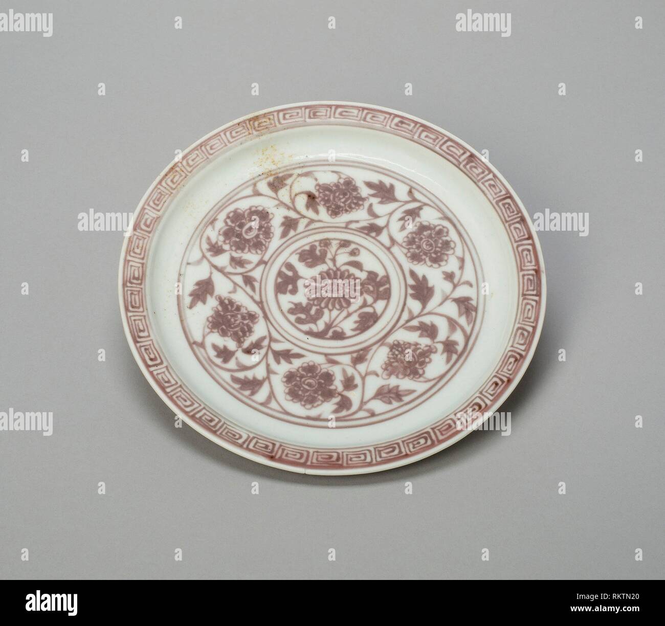Shallow Dish With Peony Scrolls Chrysanthemum Sprays And Key Fret Border Lotus Panels Panels Under Rim Ming Dynasty 1368 1644 Hongwu Period Stock Photo Alamy