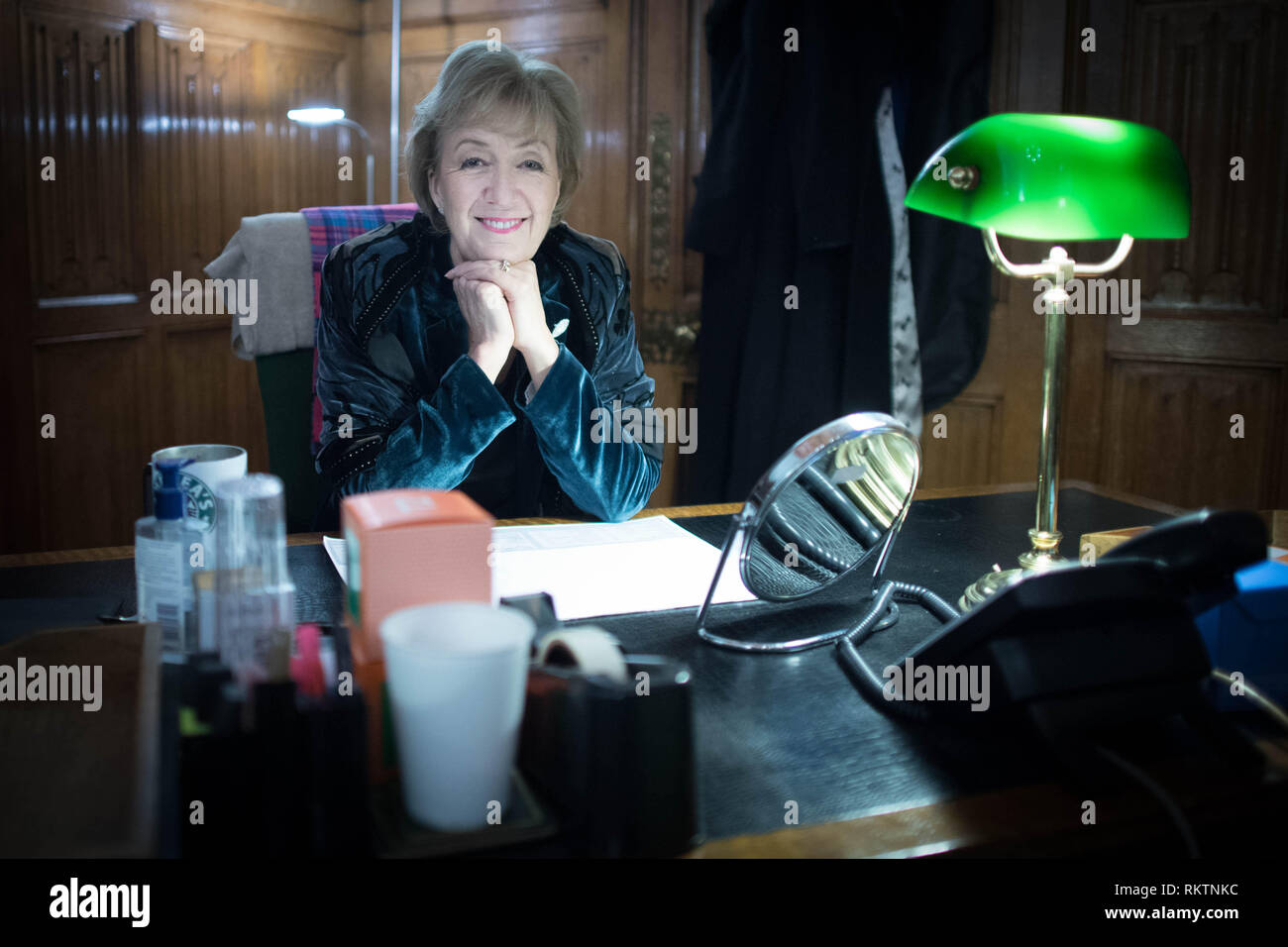 Embargoed to 0001 Wednesday February 13 Leader of the House of Commons, Andrea Leadsom in her office in the Houses of Parliament, London, she said she was Òdesperately keenÓ to Òcrack onÓ with introducing legislation to establish independent statutory bodies to provide governance for Parliament's restoration work. Stock Photo
