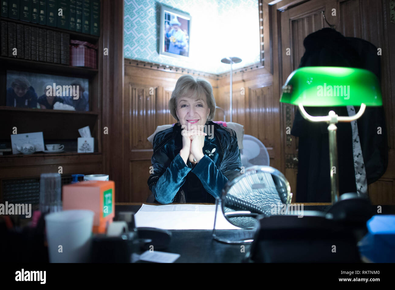 Embargoed to 0001 Wednesday February 13 Leader of the House of Commons, Andrea Leadsom in her office in the Houses of Parliament, London, she said she was Òdesperately keenÓ to Òcrack onÓ with introducing legislation to establish independent statutory bodies to provide governance for Parliament's restoration work. Stock Photo