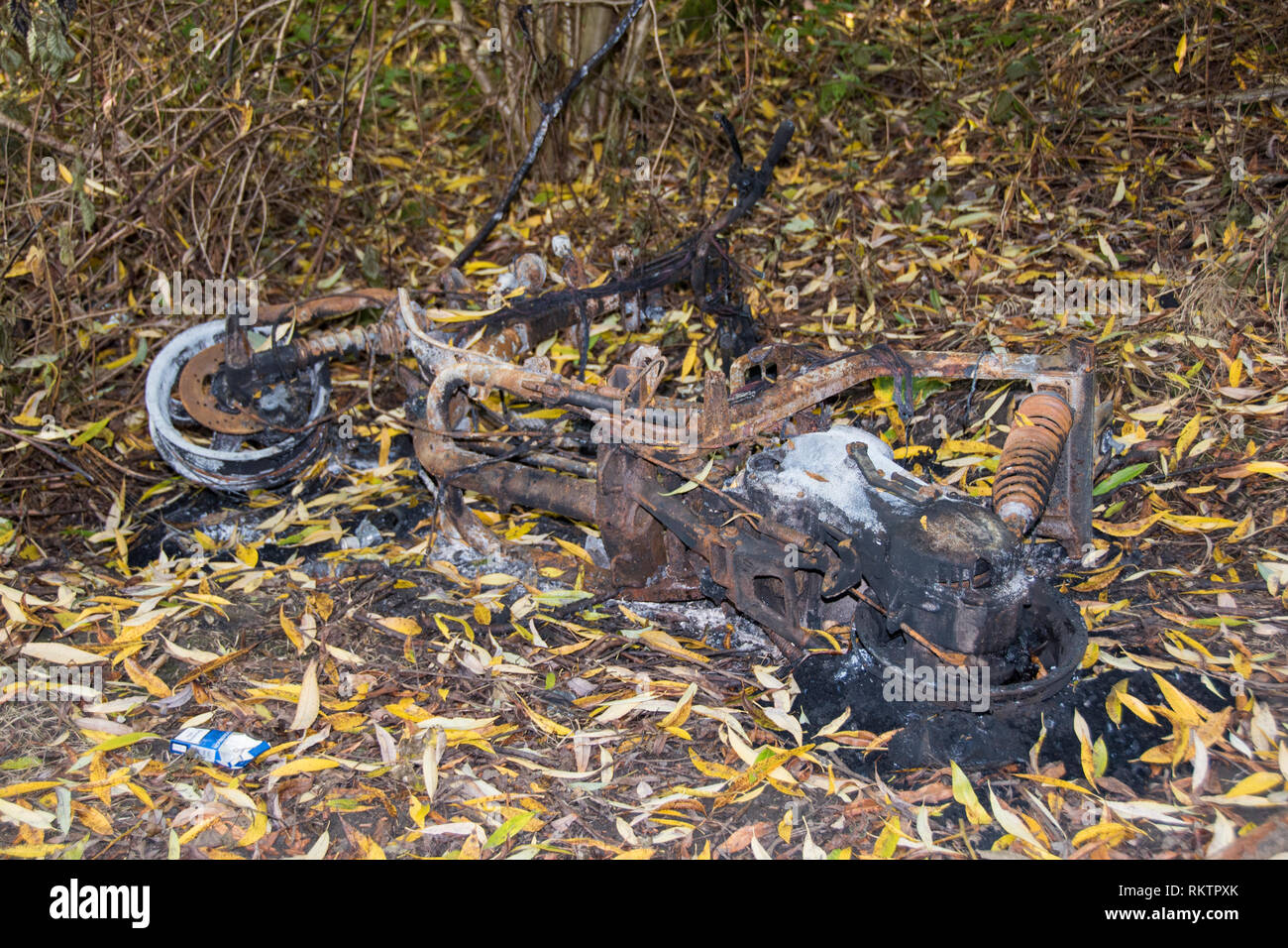 Sheffield, UK: Oct 20 2016: A burned out rusty old moped abandoned in the woods beside the forest path where it was set on fire, in Woodthorpe Ravine Stock Photo