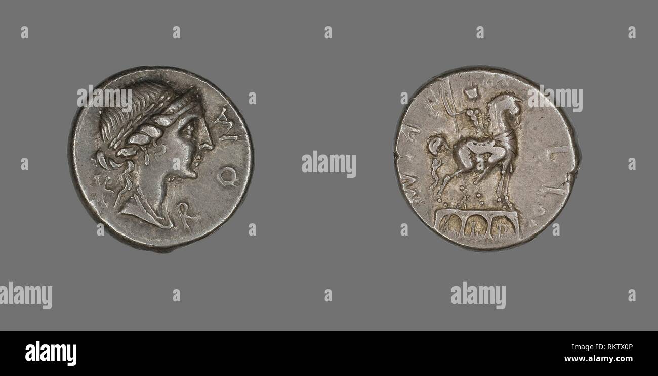 Denarius (Coin) Depicting the Goddess Roma - 114/113 BC - Roman - Artist: Ancient Roman, Origin: Roman Empire, Date: 114 BC–113 BC, Medium: Silver, Stock Photo