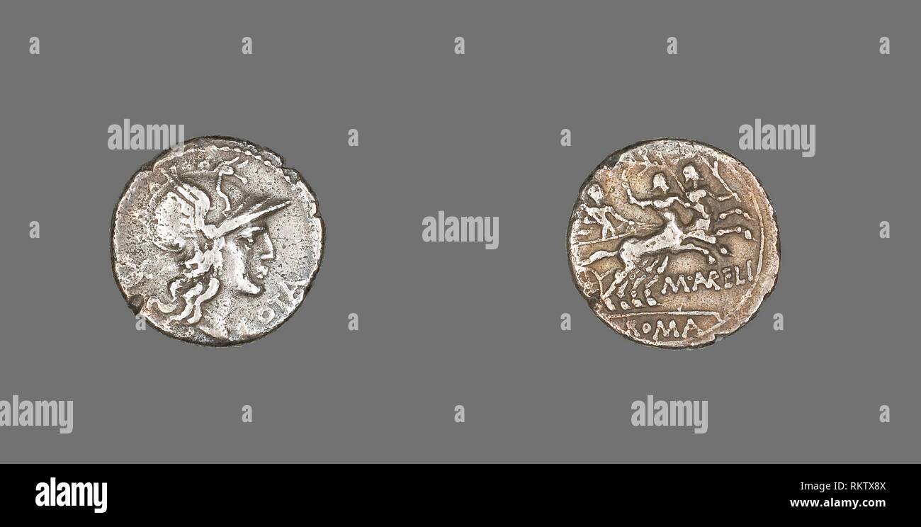 Denarius (Coin) Depicting the Goddess Roma - 139 BC, issued by the Aurelia family - Roman - Artist: Ancient Roman, Origin: Roman Empire, Date: 139 Stock Photo