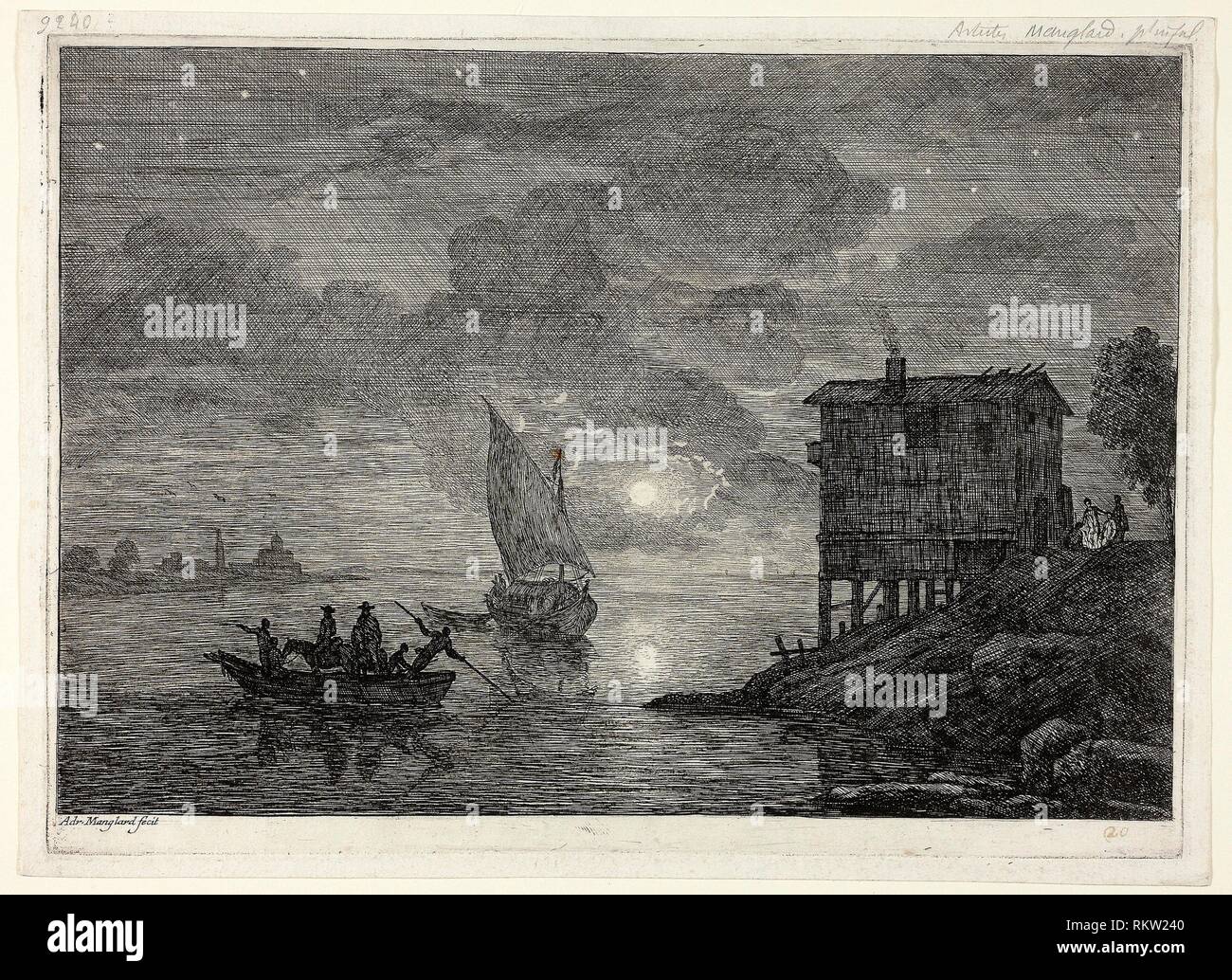 Moonlit Harbor Scene with Ferry - 1753/54 - Adrien Manglard French, 1695-1760 - Artist: Adrien Manglard, Origin: France, Date: 1753-1754, Medium: Stock Photo