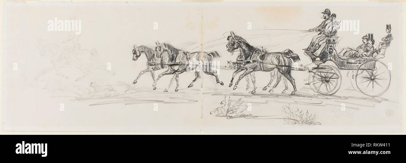 Horse Drawn Carriage Preceded By Single Rider Recto Man