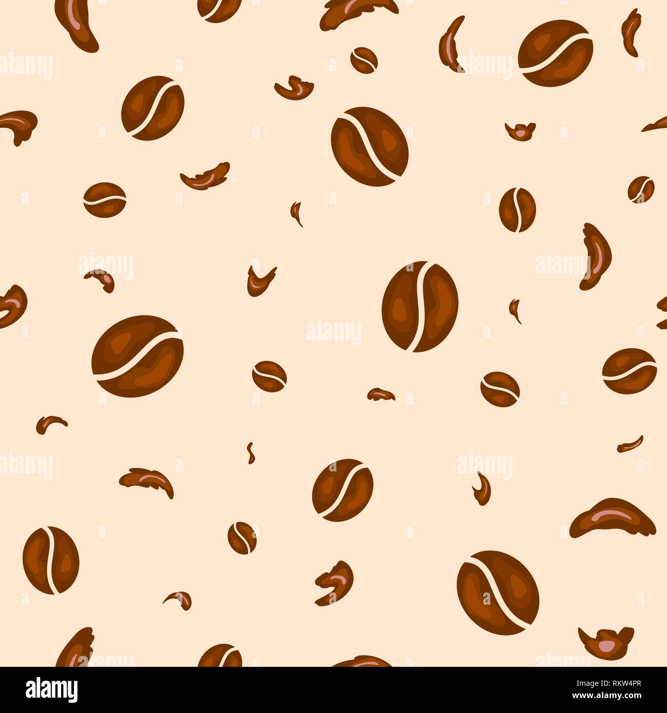 Seamless background. Coffee beans and chocolate particles on a light beige background. Abstract background of coffee beans and chocolate chips. Stock Vector
