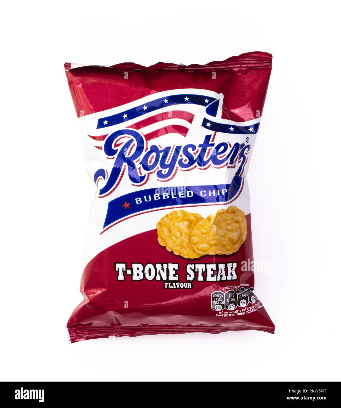 SWINDON, UK - FEBUARY 12, 2019: Roysters T-Bone Steak flavour bubbled chips on a white background Stock Photo