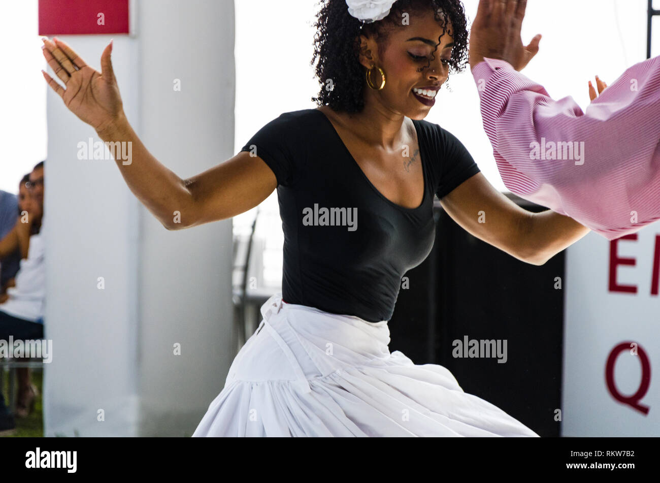 Lima, Peru January 25, 2019 : Afro-Peruvian Creole music dancer, dancing in an event of a company, mixes of African and Peruvian culture. Stock Photo
