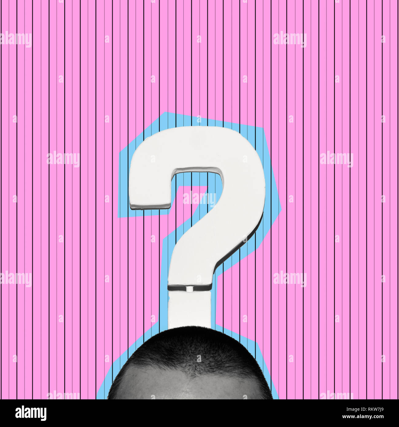 a cutout of a man with a question mark on his head in black and white, on a pink background patterned with vertical lines, as a contemporary art colla Stock Photo