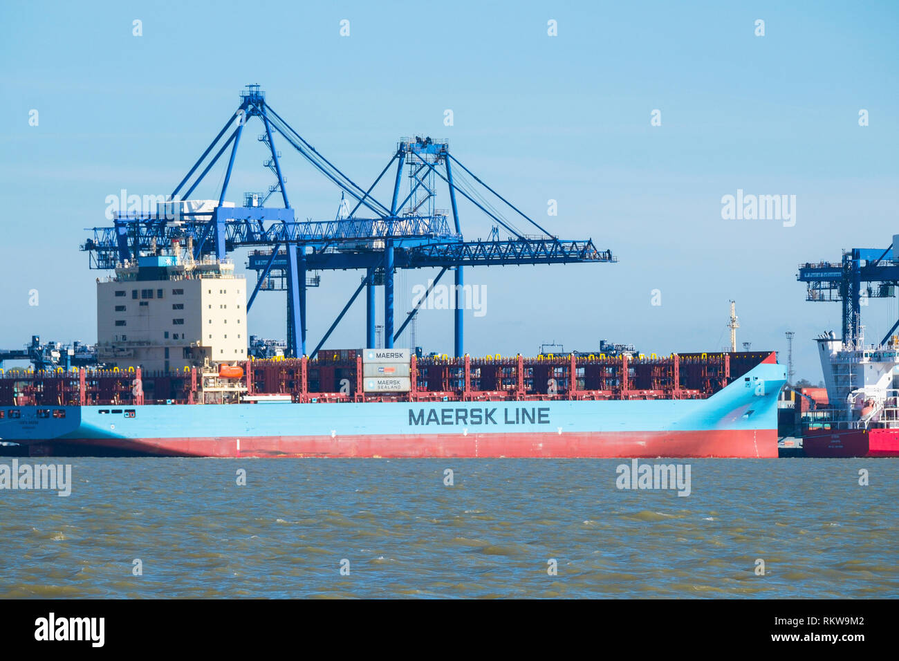 The Venta Maersk container ship built in 2018 seen at Felixstowe. Stock Photo