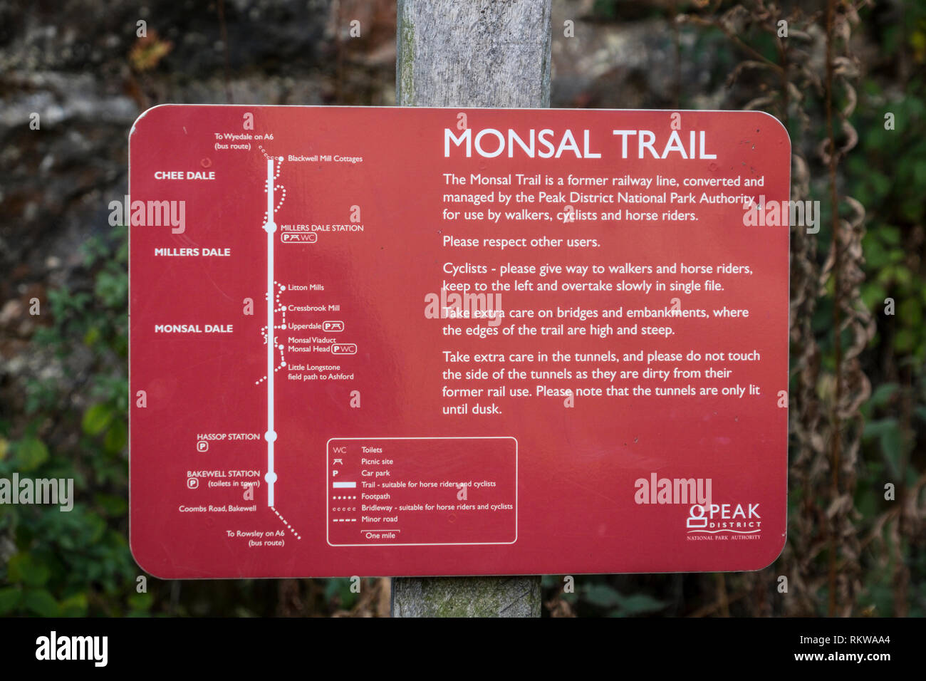 Footpath sign on the Monsal Trail in Derbyshire. Stock Photo