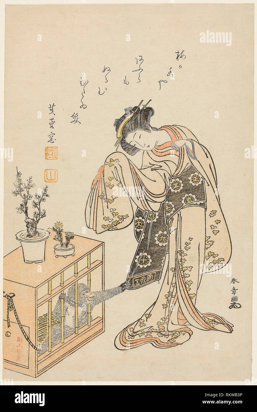 Young Woman With A Caged Monkey Calendar Print For New Year 1776 1776 Katsukawa Shunsho A A A A Ae C A Japanese 1726 1792 Artist Stock Photo Alamy