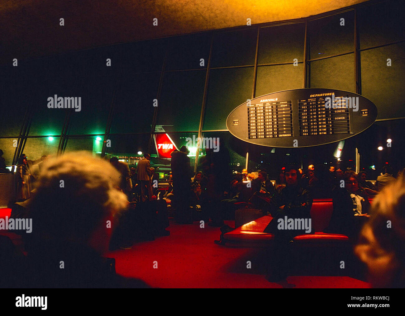 waiting area with arrivals and departures board, TWA terminal, JFK