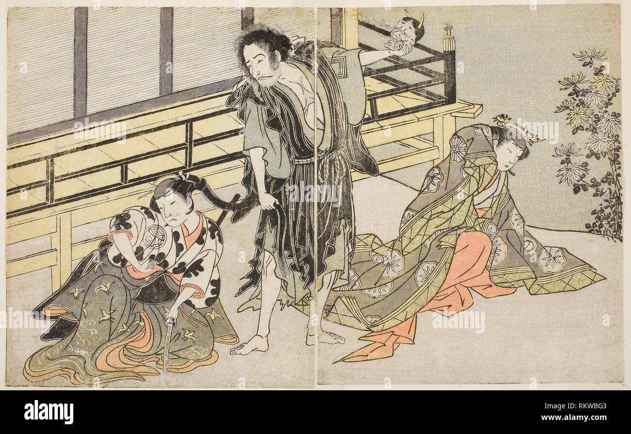 The Actors Nakamura Noshio I as Nyosan no Miya (right), Ichikawa Danjuro V as the Renegade Monk Yochin (center), and Yamashita Kinsaku II as the Maid Stock Photo