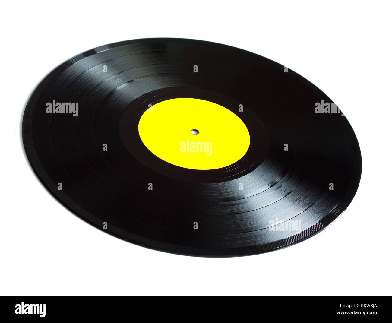 Black longplay vinyl records with yellow label isolated on white