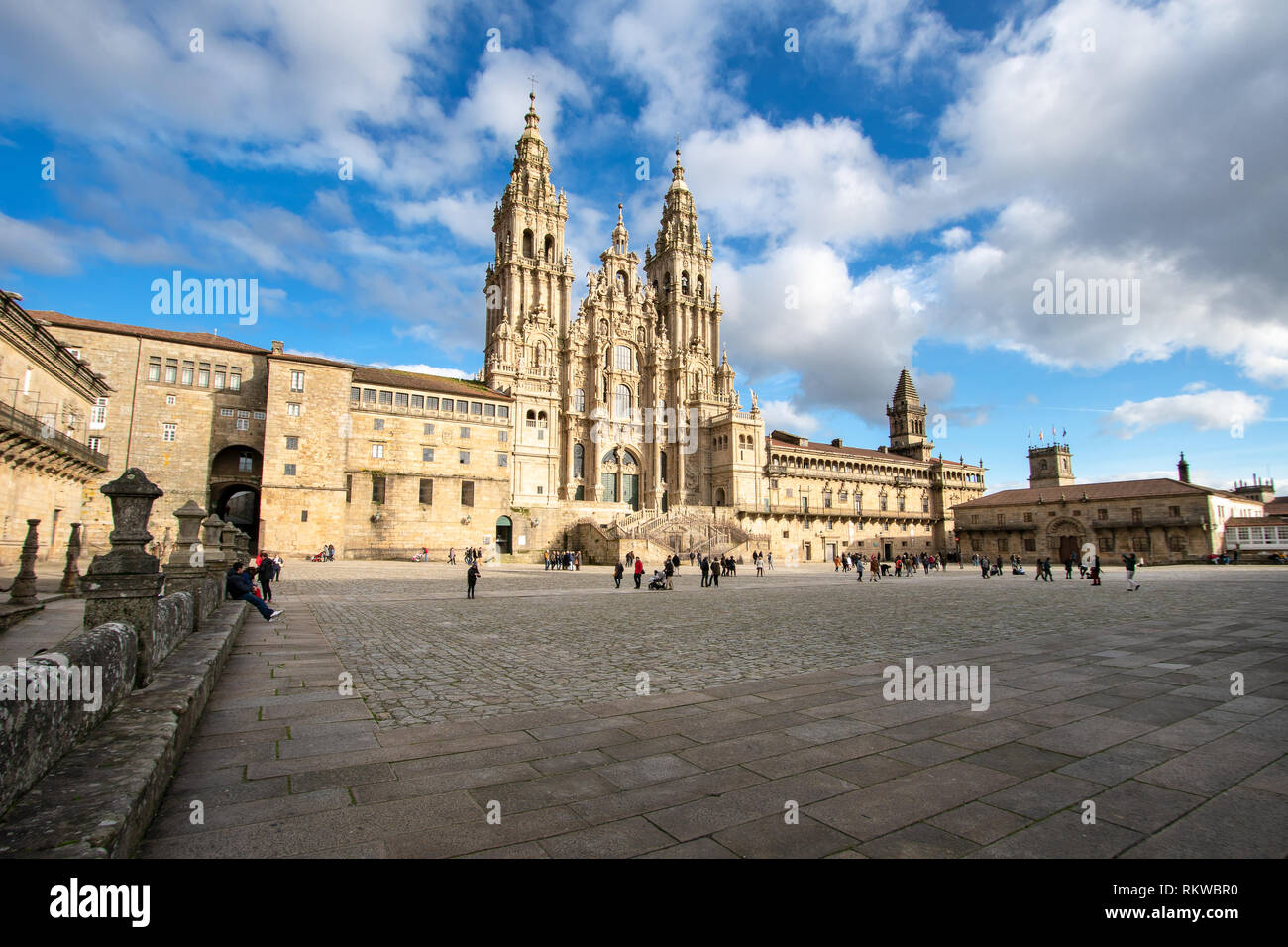Santiago de Compostela Cathedral view from Obradoiro square. Cathedral of Saint James, Spain. Galicia, pilgrimage Stock Photo