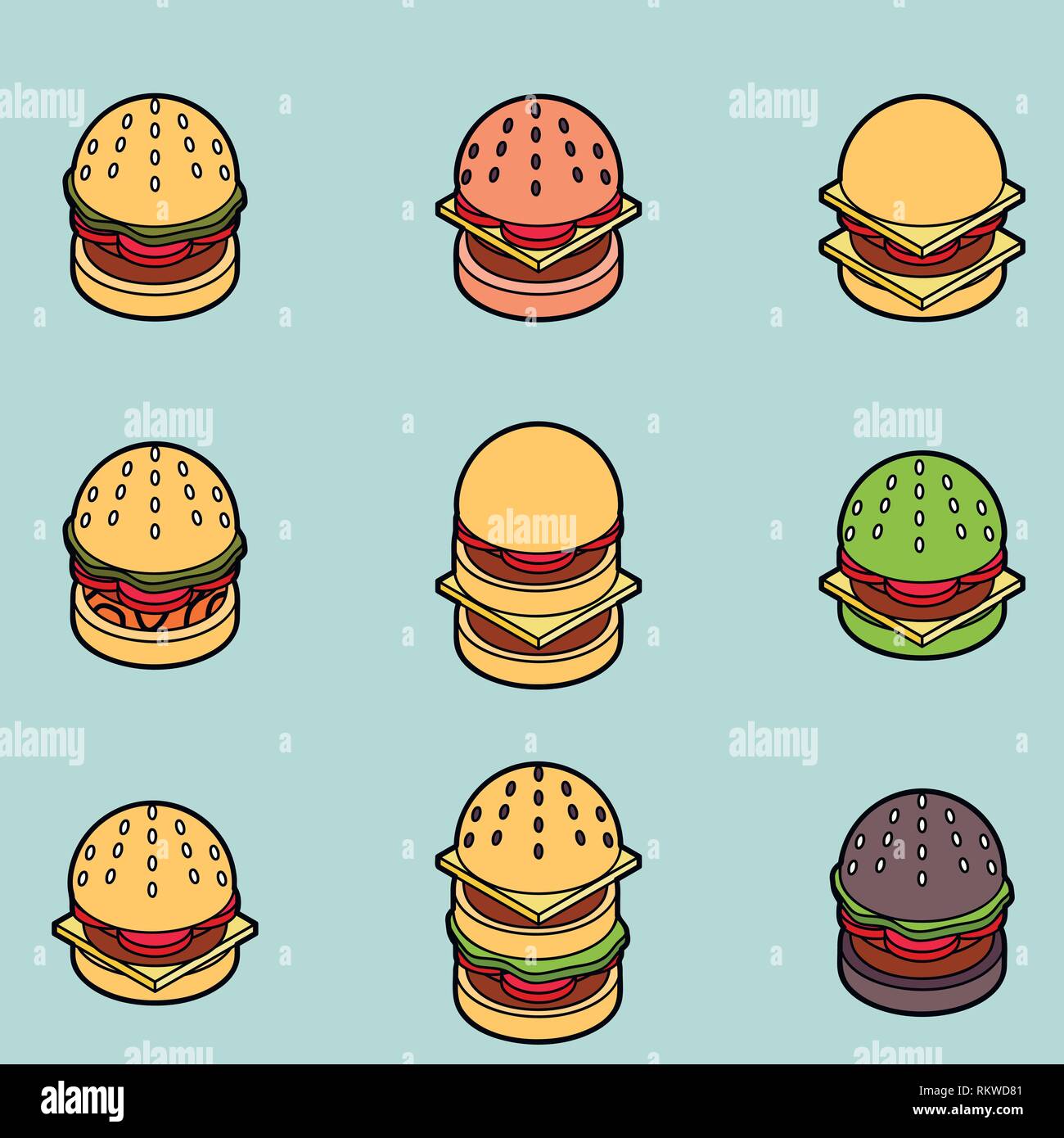 Burgers color outline isometric icons. Fast food design icons set Stock ...