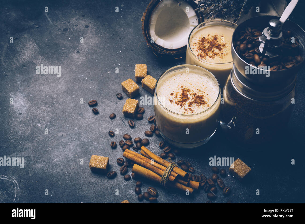 Coconut latte. Vegan coffee drink concept. Coffee with coconut milk