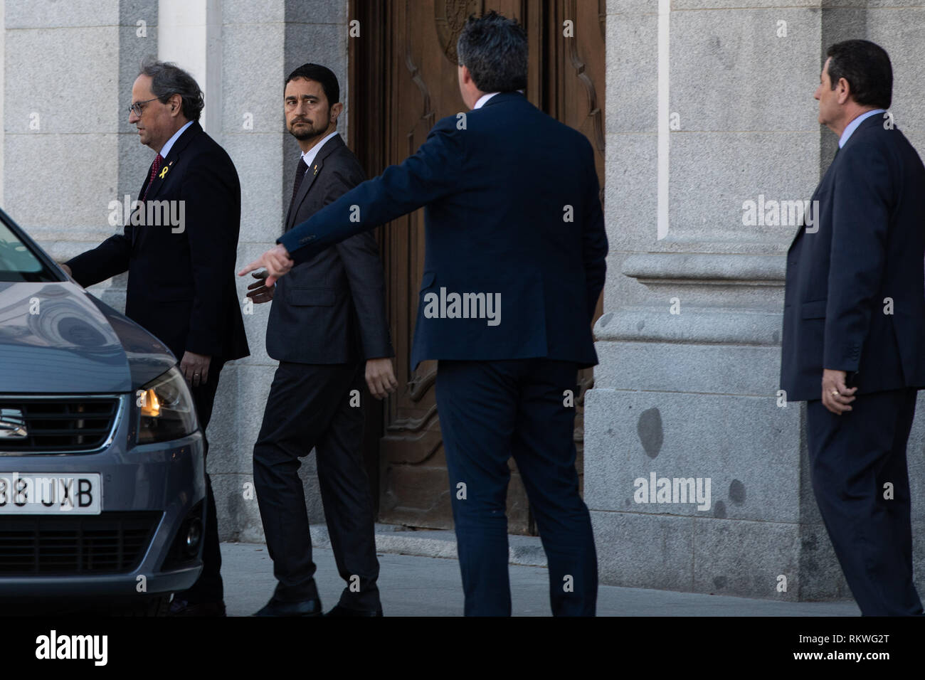 Madrid, Spain. 12th Feb, 2019. Quim Torra(L), president of the Generalitat, leaves the Supreme Court in the recess to eat. The Criminal Chamber of the Supreme Court begins this Tuesday, February 12, judging 12 independence leaders by the so-called 'procés' in Catalonia. Credit: Jesús Hellin/Alamy Live News Stock Photo