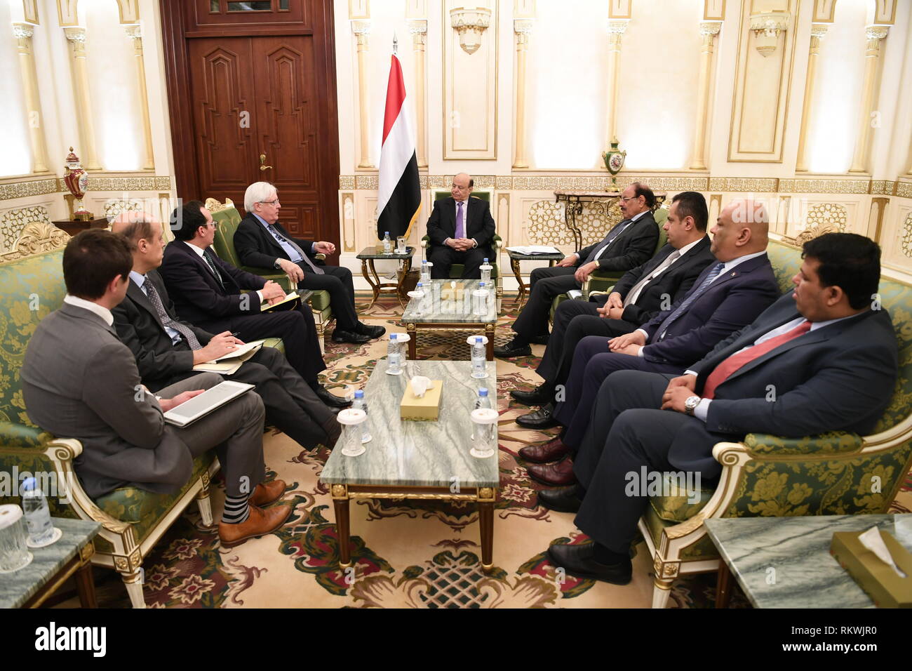 (190212) -- RIYADH, Feb. 12, 2019 (Xinhua) -- Yemen's internationally-backed President Abdu-Rabbu Mansour Hadi (C) meets with the UN special envoy Martin Griffiths (4th L) in Saudi Arabia's capital of Riyadh, on Feb. 12, 2019. Hadi on Tuesday met with Griffiths, emphasizing the importance of fully implementing the Sweden Agreement. (Xinhua) Stock Photo
