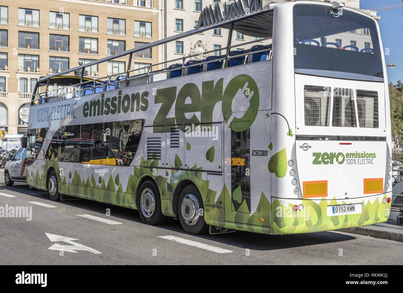 February 12, 2019 - Barcelona, Catalonia, Spain - The 100% electric Ayats Electric bus dedicated to tourist routes in the city of Barcelona is seen in Plaza Catalunya during operational tests..The city of Barcelona is hopping to have electricity powered bus to start running the tourist route later this year. (Credit Image: © Paco Freire/SOPA Images via ZUMA Wire) Stock Photo