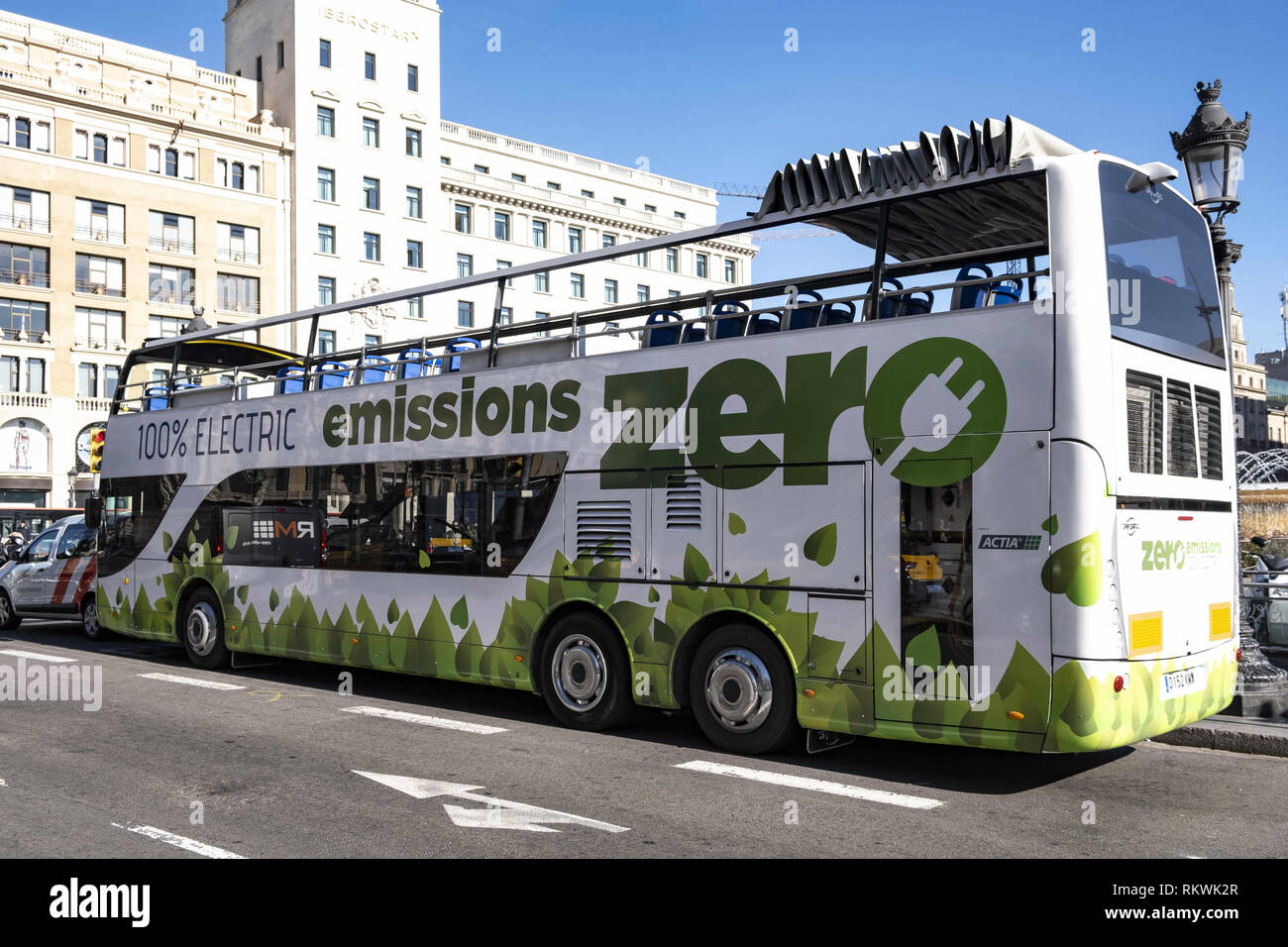 February 12, 2019 - Barcelona, Catalonia, Spain - The 100% electric Ayats Electric bus dedicated to tourist routes in the city of Barcelona is seen in Plaza Catalunya during operational tests..The city of Barcelona is hopping to have electricity powered bus to start running the tourist route later this year. (Credit Image: © Paco Freire/SOPA Images via ZUMA Wire) Stock Photo