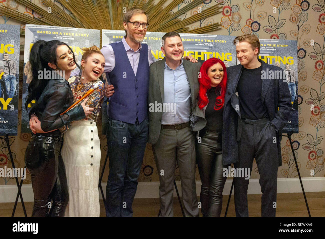 New York, NY, USA. 11th Feb. 2019. (L-R) WWE star Paige, actress, Florence Pugh, writer and director Stephen Merchant, Zak Bevis aka Zack Zodiac, Julia “Sweet Saraya” Hamer-Bevis, and actor Jack Lowden attend the New York Tastemaker screening of “Fighting with My Family” at the Crosby Street Hotel in New York City on February 11, 2019. Credit: Jeremy Burke/Alamy Live News Stock Photo