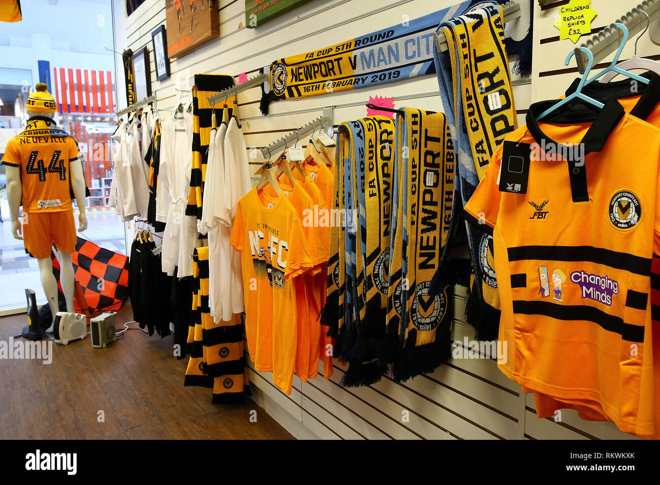 Newport, UK. 12th Feb, 2019. Newport and Manchester City FA Cup half and  half scarves were on display in the club shop before the EFL Sky Bet League  2 match between Newport