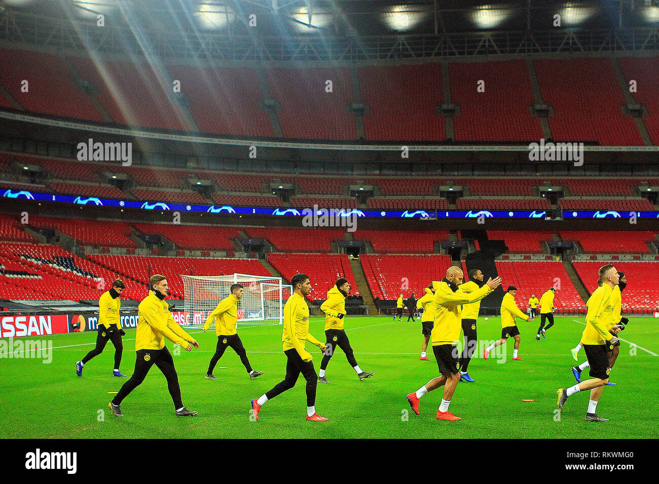 London, UK. 12th Feb, 2019. The Borussia Dortmund team in action during training. UEFA Champions league, Borussia Dortmund FC team training at Wembley Stadium on Tuesday 12th February 2019. the team are training ahead of tomorrow's match against Tottenham Hotspur. this image may only be used for Editorial purposes. Editorial use only, license required for commercial use. No use in betting, games or a single club/league/player publications . pic by Steffan Bowen/Andrew Orchard sports photography/Alamy Live news Credit: Andrew Orchard sports photography/Alamy Live News Stock Photo