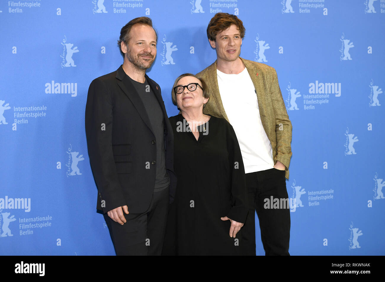 Berlin, Germany. 10th Feb, 2019. Peter Sarsgaard, Agnieszka Holland and James Norton during the 'Mr. Jones' photocall at the 69th Berlin International Film Festival/Berlinale 2019 at Hotel Grand Hyatt on February 10, 2019 in Berlin, Germany. | usage worldwide Credit: dpa/Alamy Live News Stock Photo