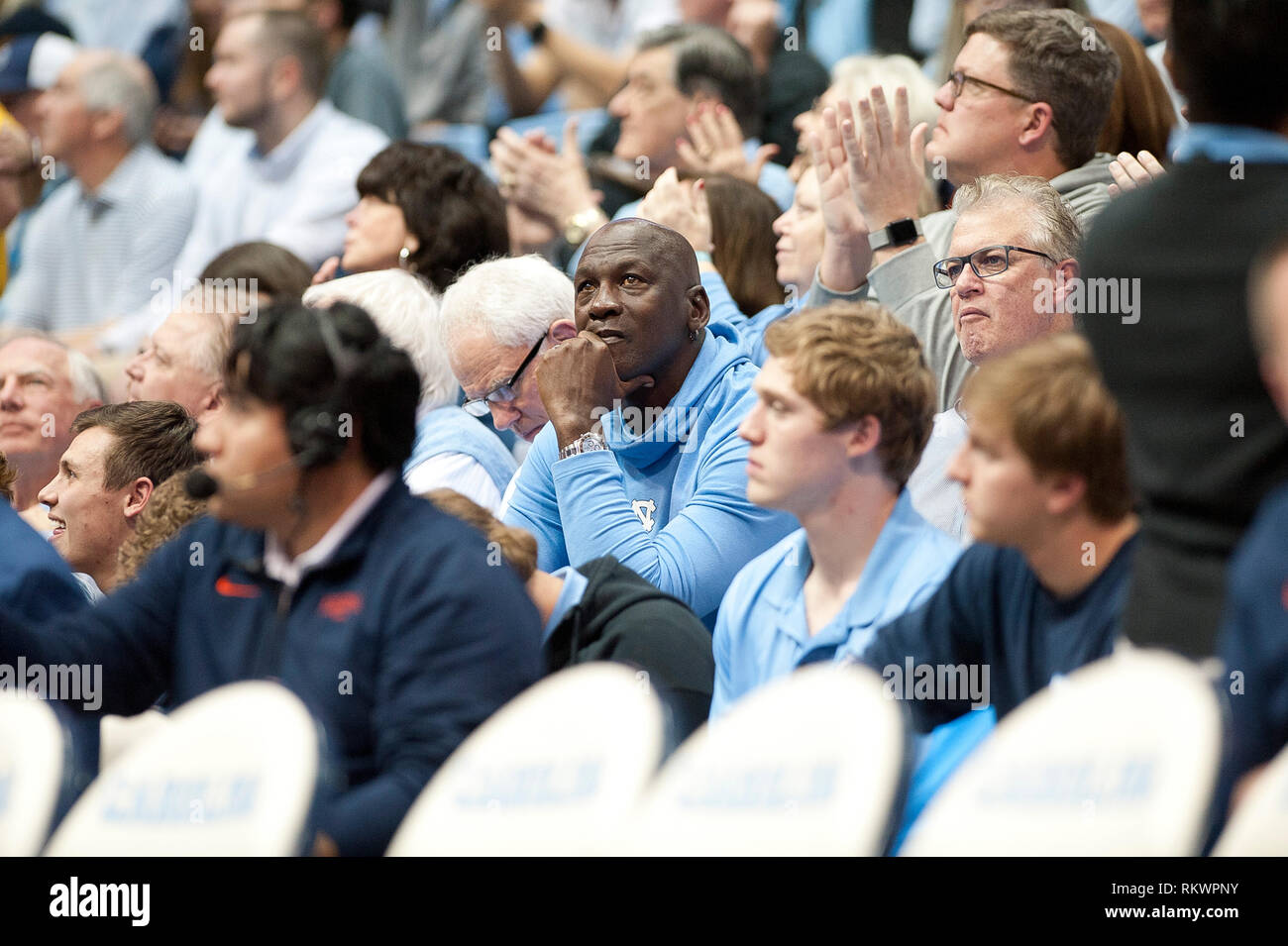 Feb. 11, 2019 - Chapel Hill, North Carolina; USA - NBA Legend MICHAEL JORDAN looks on as the University of North Carolina Tar Heels were defeated the Virginia Cavaleirs with a final score of 69=61 as they played mens college basketball at the Dean Smith Center located in Chapel Hill. Copyright 2019 Jason Moore. Credit: Jason Moore/ZUMA Wire/Alamy Live News Stock Photo