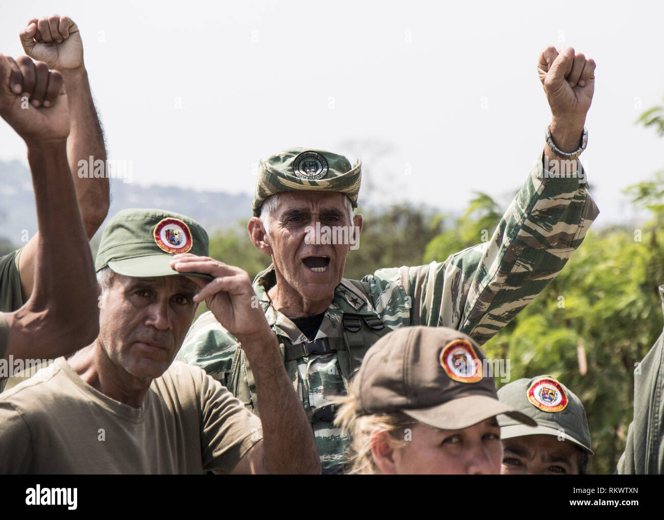 Caracas, Venezuela. 12th Feb, 2019. members of Venezuela's Bolivarian National Guard patrols at Tienditas international bridge in Urena, Tachira state, Venezuela, in the border with Colombia, backdropped by containers placed by Venezuelan military forces to block the bridge, on February 12, 2019. Credit: Elyxandro Cegarra/ZUMA Wire/Alamy Live News Stock Photo