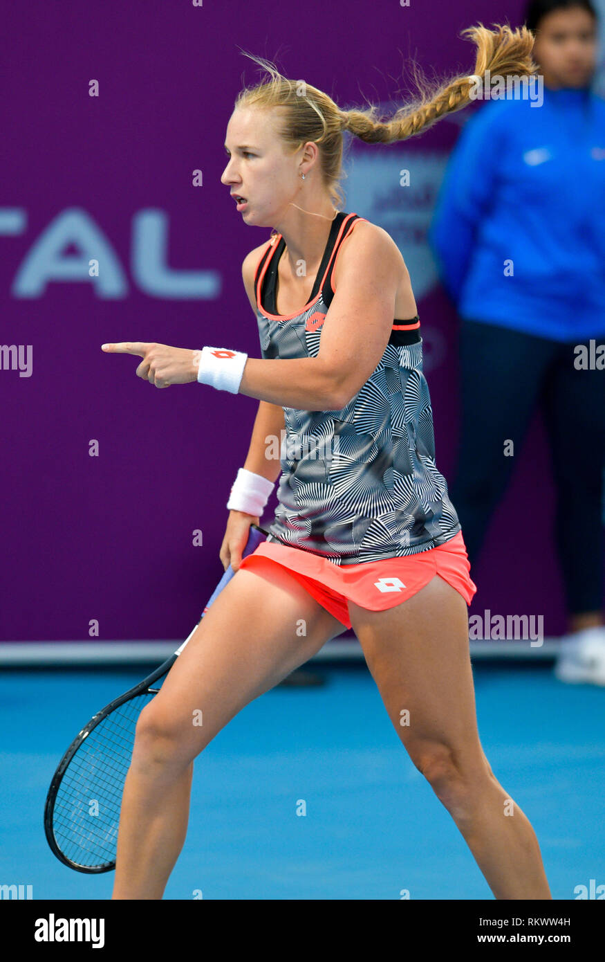 Doha, Qatar. 12th Feb, 2019. Anna Blinkova of Russia reacts during the  women's singles first round match between Anna Blinkova of Russia and  Anastasija Sevastova of Latvia at the 2019 WTA Qatar