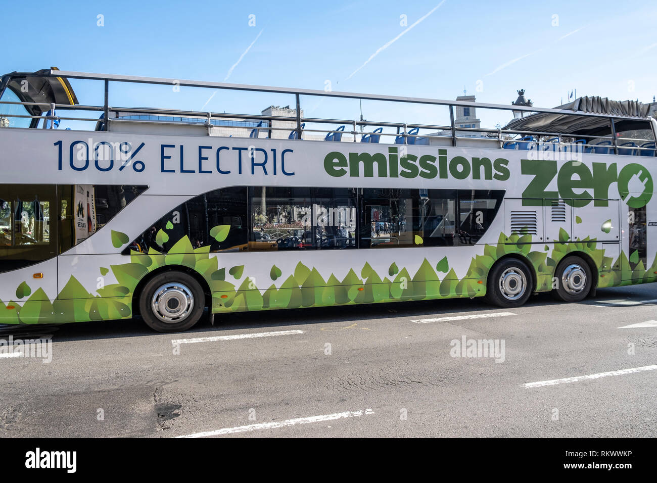 The 100% electric Ayats Electric bus dedicated to tourist routes in the city of Barcelona is seen in Plaza Catalunya during operational tests. The city of Barcelona is hopping to have electricity powered buses to start running the tourist route later this year. Stock Photo