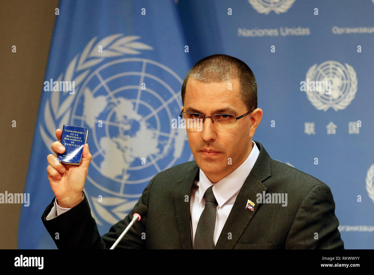 Beijing, China. 12th Feb, 2019. Venezuelan Foreign Minister Jorge Arreaza speaks to journalists during a press conference at the UN headquarters in New York, Feb. 12, 2019. Jorge Arreaza said on Tuesday that the government led by President Nicolas Maduro was ready to sit down with the opposition without preconditions and seek a solution to the political crisis. Credit: Li Muzi/Xinhua/Alamy Live News Stock Photo