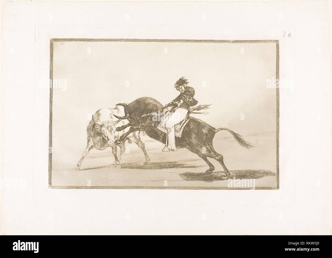 The Same Ceballos, Mounted on Another Bull, Breaks Short Spears in the Ring at Madrid, plate 24 from The Art of Bullfighting - 1814/16, published Stock Photo