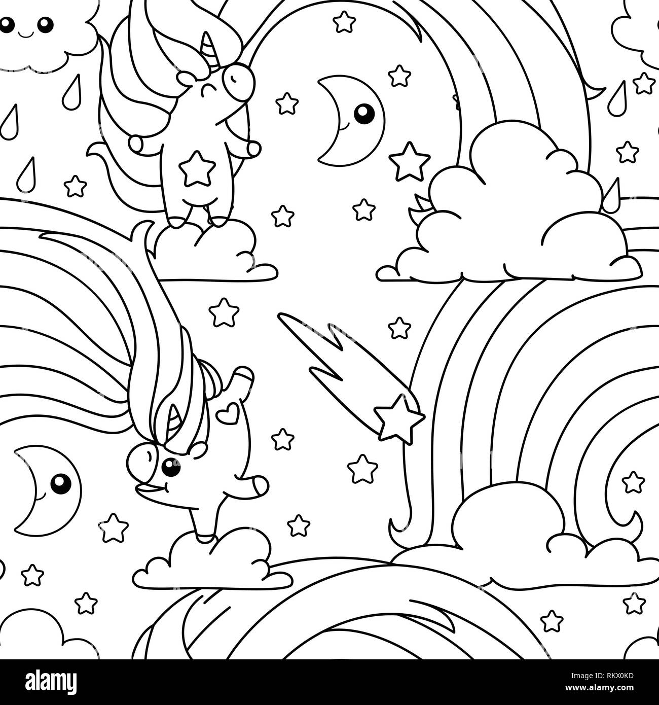 vector rainbow unicorn pattern coloring book page Stock Vector
