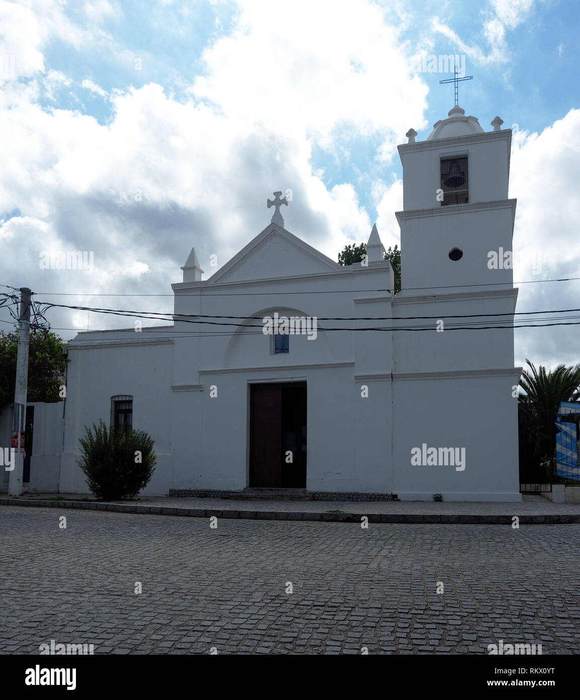 Merlo, San Luis, Argentina - 2019: Exterior view of Parroquia Nuestra Señora del Rosario church, located at the city center. Stock Photo