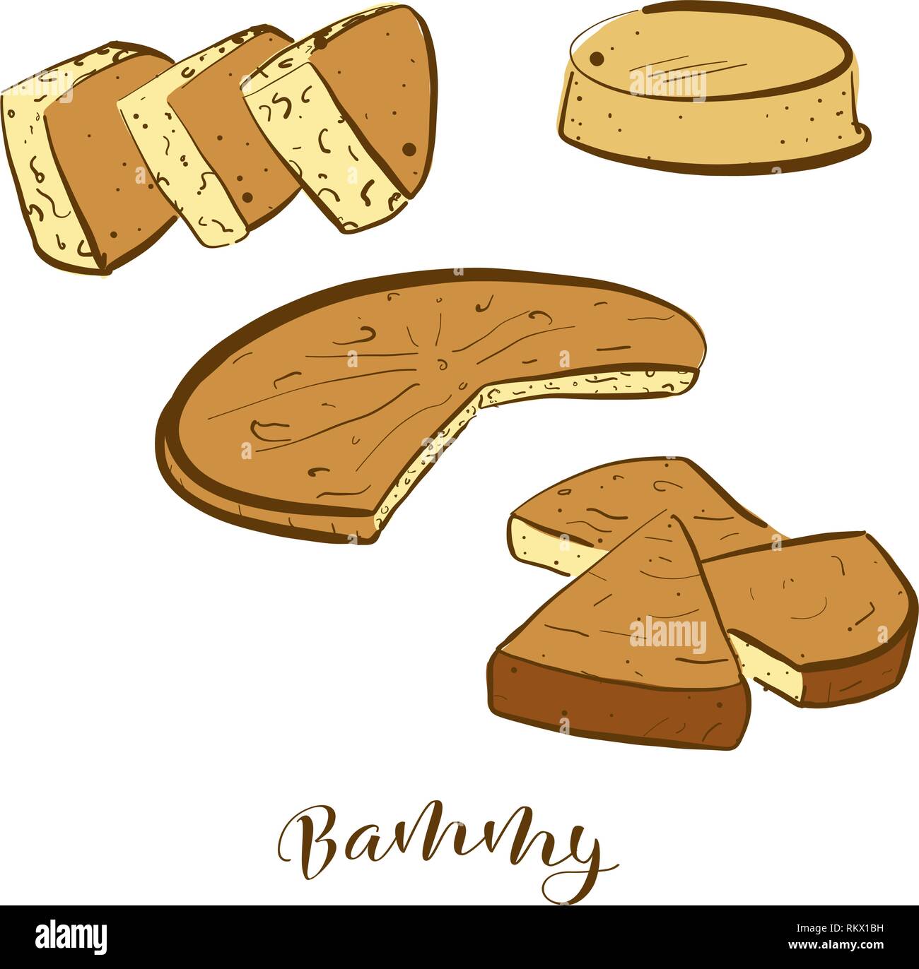 Colored sketches of Bammy bread. Vector drawing of Flatbread food, usually known in Jamaica. Colored Bread illustration series. Stock Vector