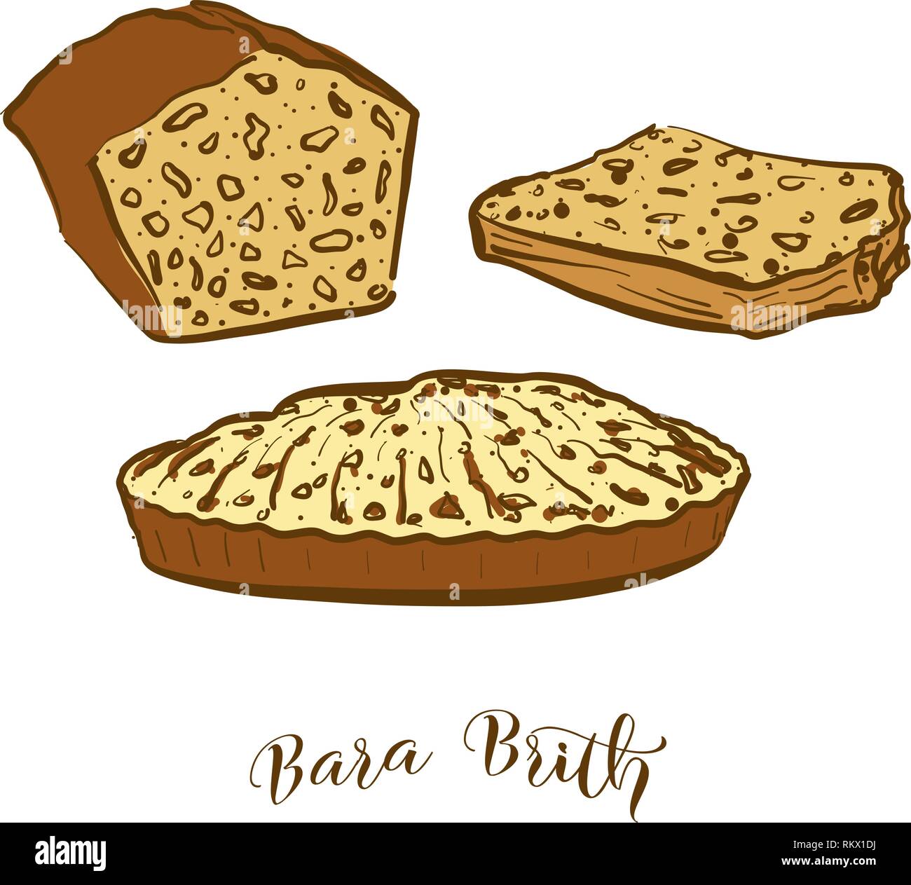 Colored sketches of Bara Brith bread. Vector drawing of Fruit bread food, usually known in United Kingdom, Wales. Colored Bread illustration series. Stock Vector